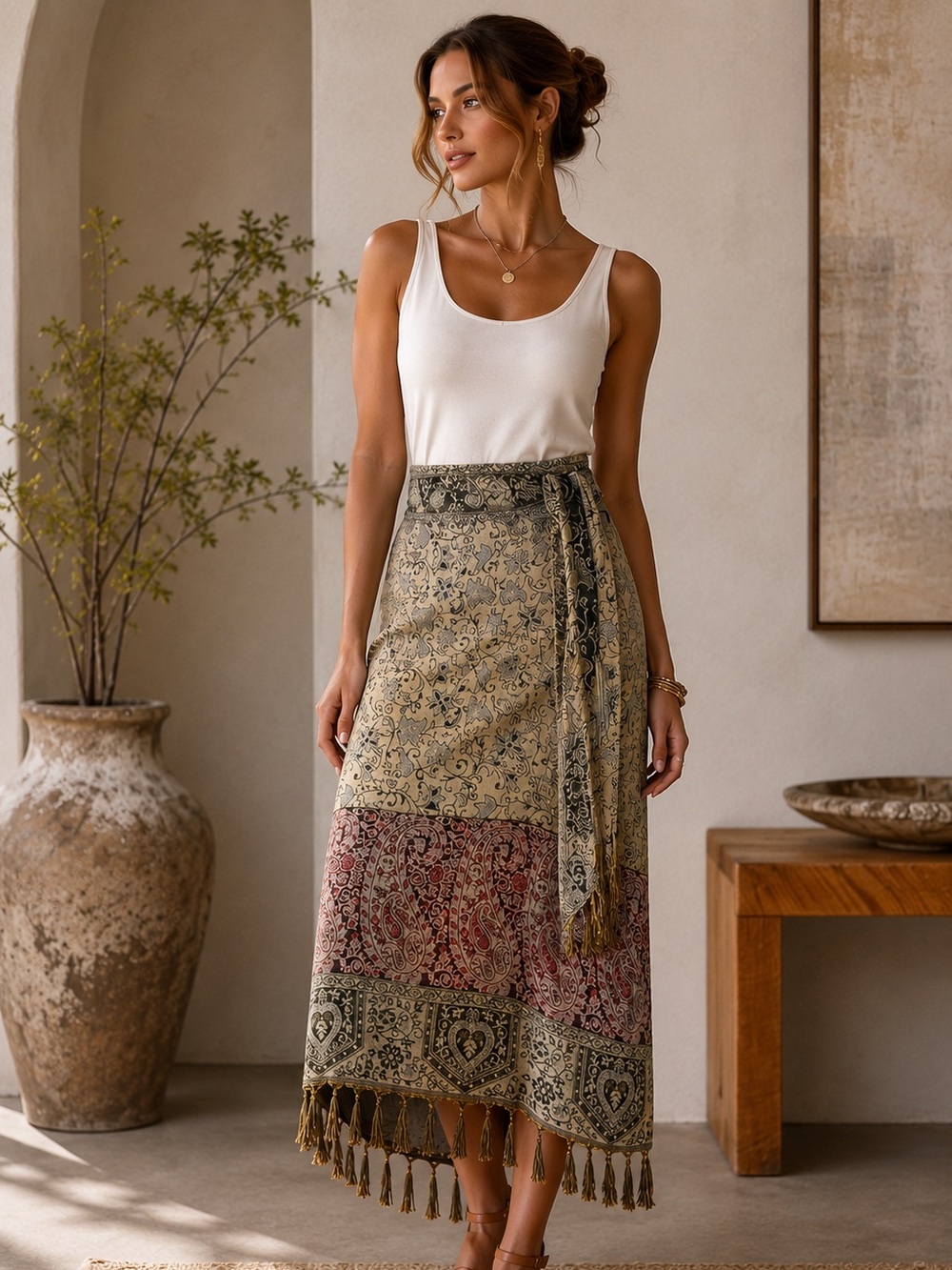 Earthbound Trading Co Womens M Wrap Skirt Paisley Boho Fringe Rayon Sarong